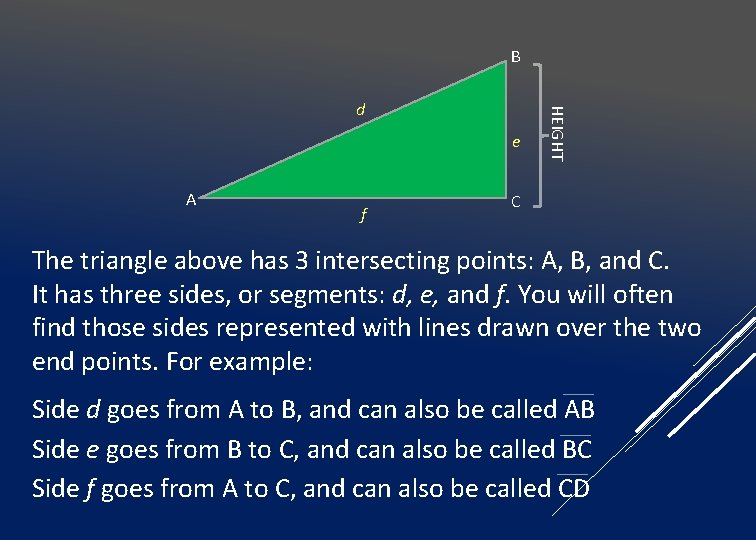 B e A f HEIGHT d C The triangle above has 3 intersecting points: