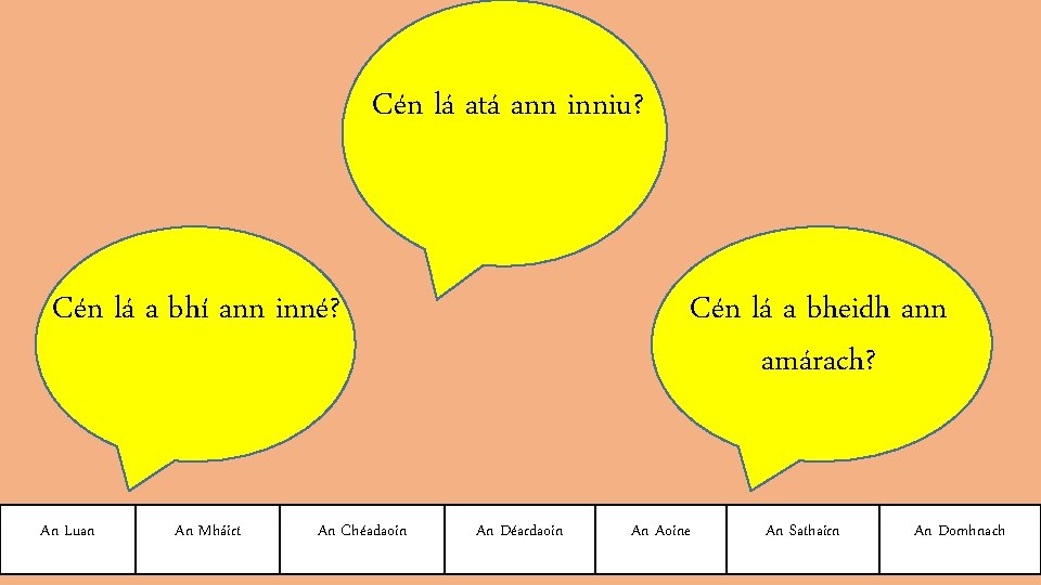 Cén lá atá ann inniu? Cén lá a bhí ann inné? An Luan An