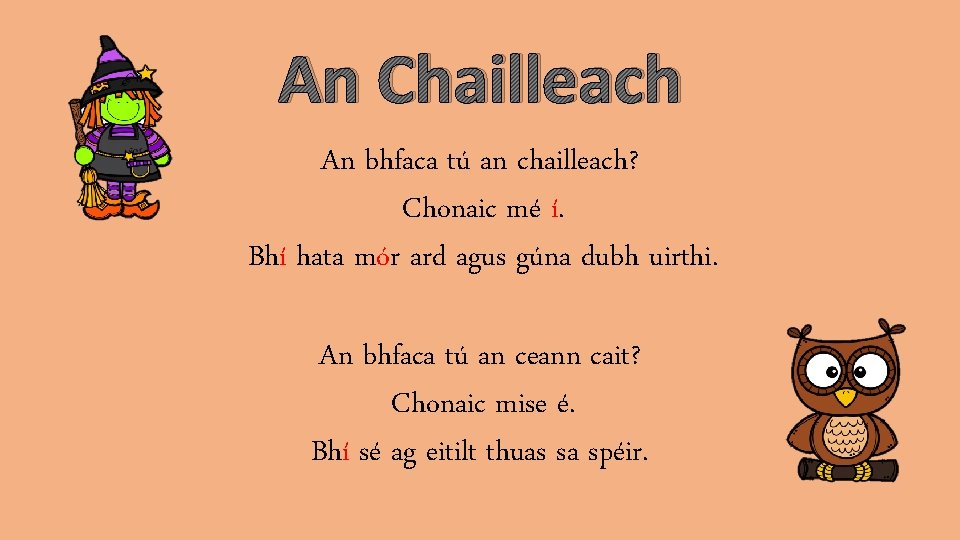 An Chailleach An bhfaca tú an chailleach? Chonaic mé í. Bhí hata mór ard