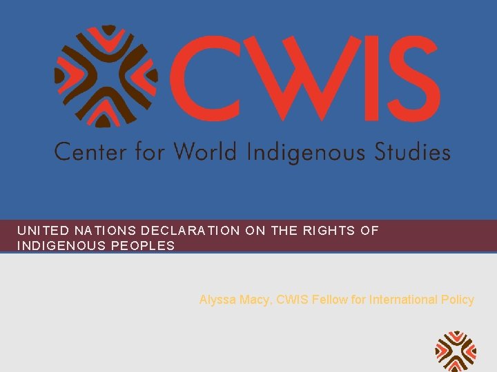 UNITED NATIONS DECLARATION ON THE RIGHTS OF INDIGENOUS PEOPLES Alyssa Macy, CWIS Fellow for