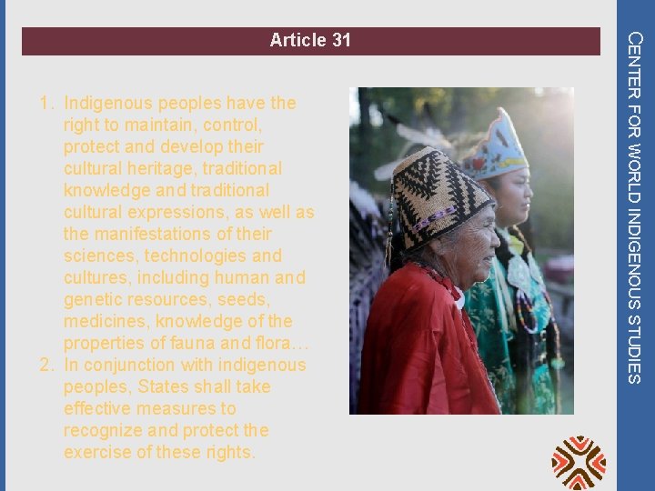 1. Indigenous peoples have the right to maintain, control, protect and develop their cultural