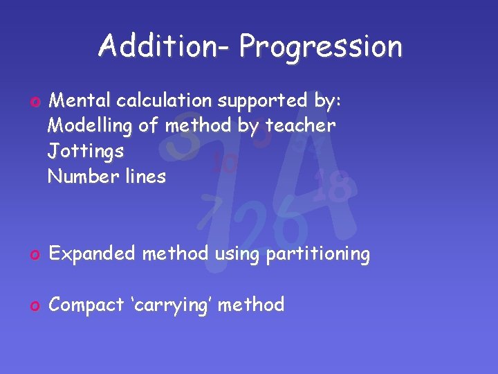 Addition- Progression o Mental calculation supported by: Modelling of method by teacher Jottings Number Addition- Progression o Mental calculation supported by: Modelling of method by teacher Jottings Number
