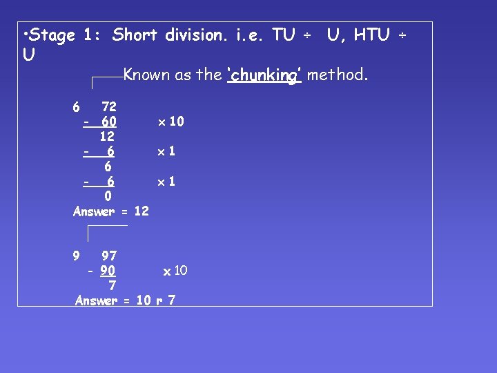• Stage 1: Short division. i. e. TU ÷ U, HTU ÷ U • Stage 1: Short division. i. e. TU ÷ U, HTU ÷ U