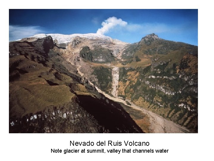 Nevado del Ruis Volcano Note glacier at summit, valley that channels water 