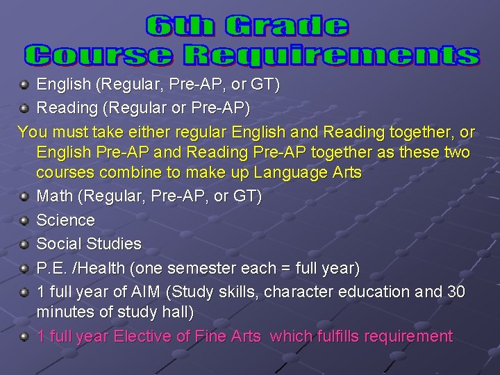 English (Regular, Pre-AP, or GT) Reading (Regular or Pre-AP) You must take either regular