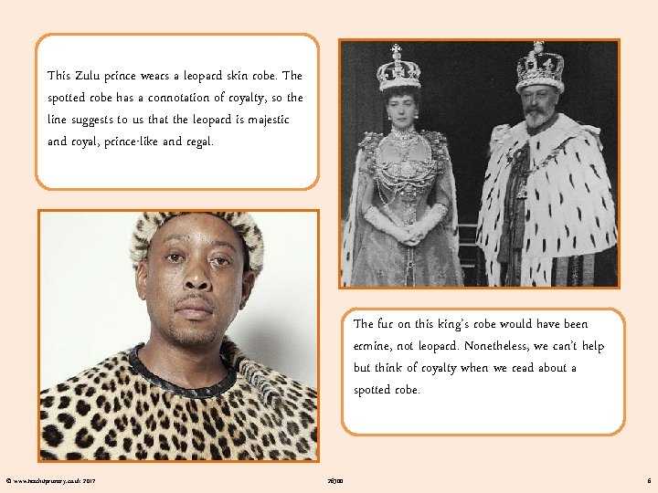 This Zulu prince wears a leopard skin robe. The spotted robe has a connotation