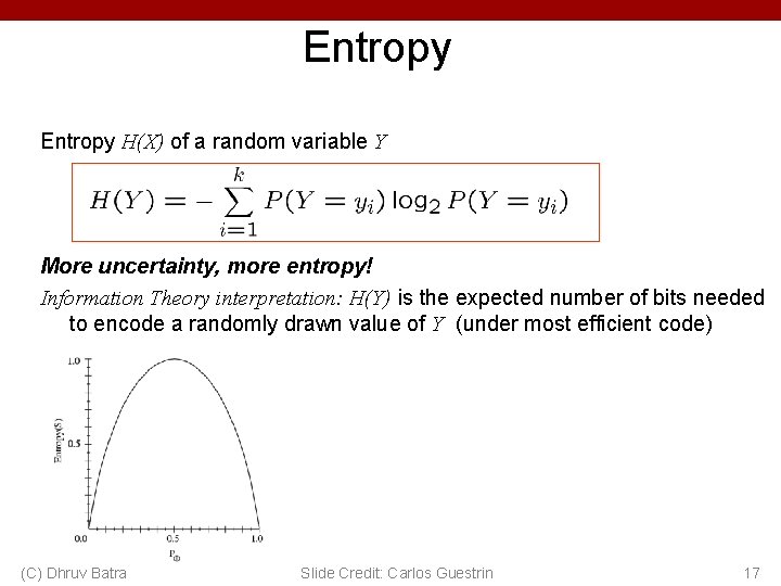 Entropy H(X) of a random variable Y More uncertainty, more entropy! Information Theory interpretation: