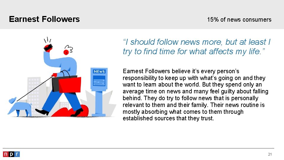 Earnest Followers 15% of news consumers “I should follow news more, but at least
