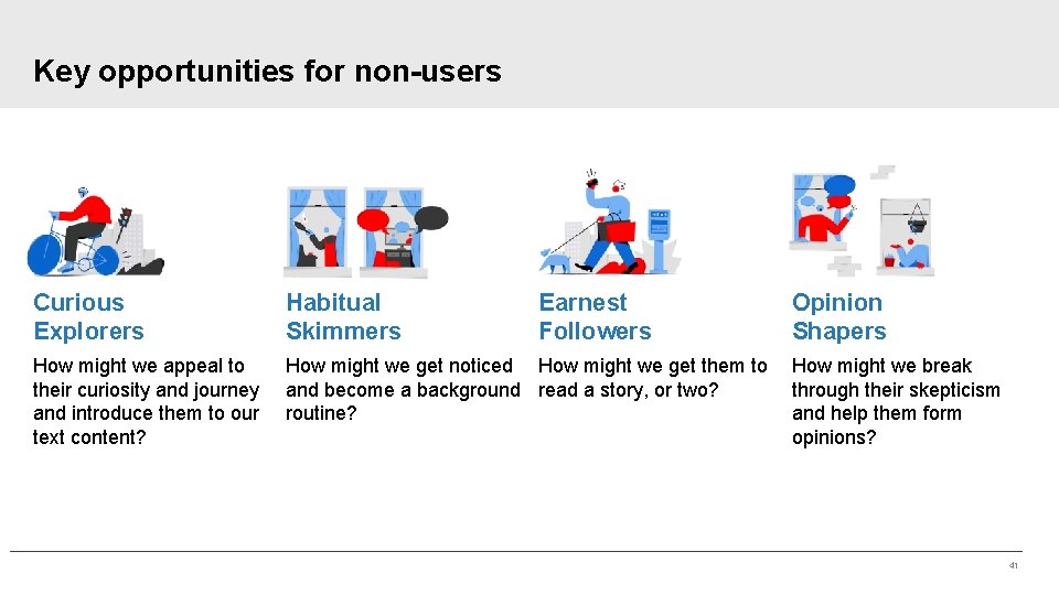 Key opportunities for non-users Curious Explorers Habitual Skimmers Earnest Followers Opinion Shapers How might