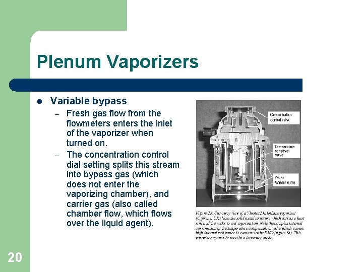 Plenum Vaporizers l Variable bypass – – 20 Fresh gas flow from the flowmeters