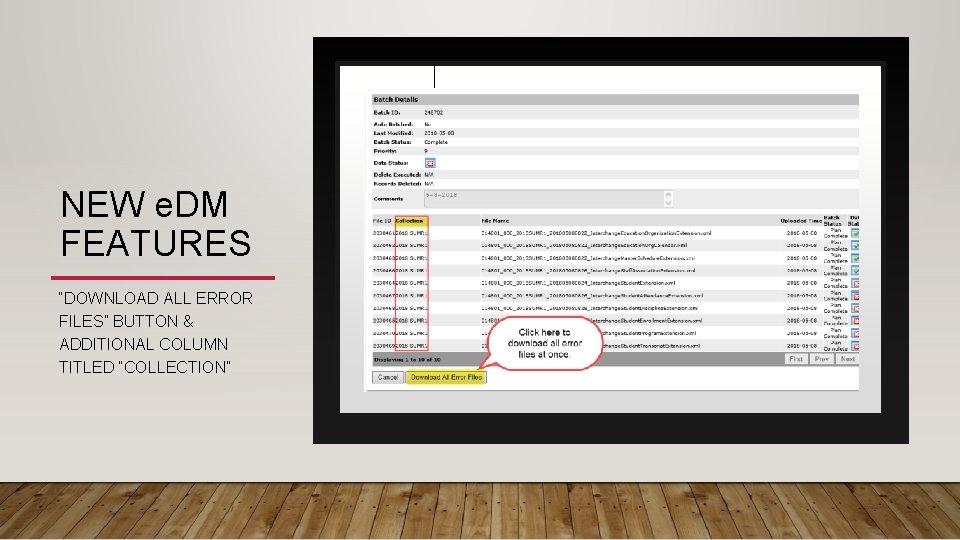 NEW e. DM FEATURES “DOWNLOAD ALL ERROR FILES” BUTTON & ADDITIONAL COLUMN TITLED “COLLECTION”