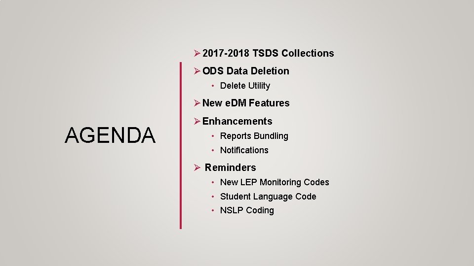 Ø 2017 -2018 TSDS Collections Ø ODS Data Deletion • Delete Utility Ø New