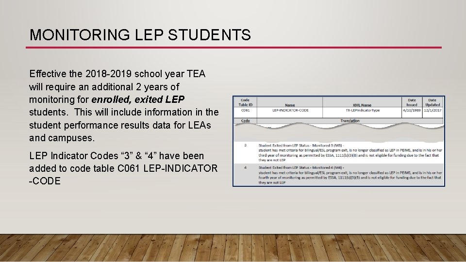 MONITORING LEP STUDENTS Effective the 2018 -2019 school year TEA will require an additional