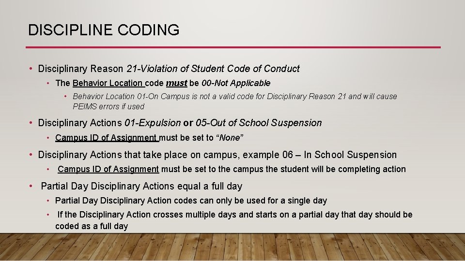 DISCIPLINE CODING • Disciplinary Reason 21 -Violation of Student Code of Conduct • The