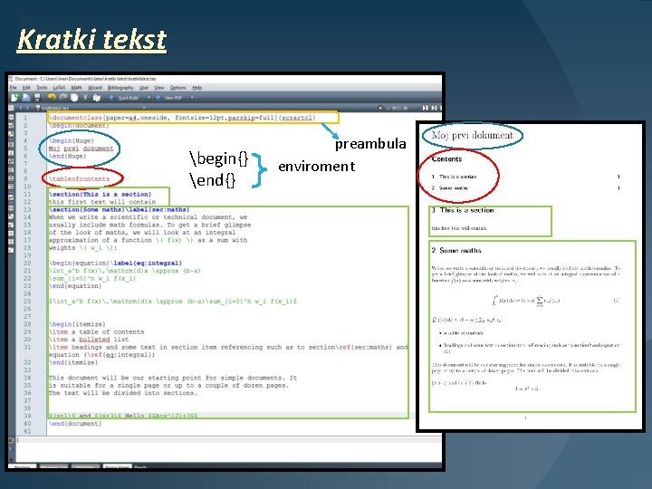 Kratki tekst begin{} end{} preambula enviroment 