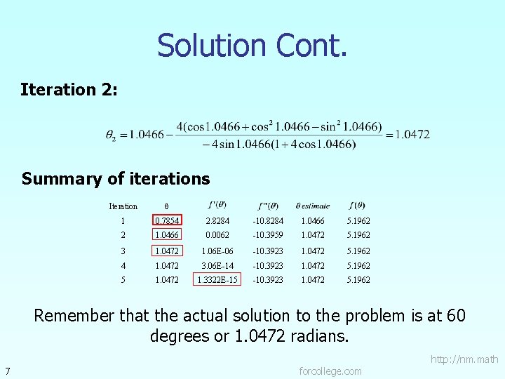 Solution Cont. Iteration 2: Summary of iterations Iteration 1 0. 7854 2. 8284 -10. Solution Cont. Iteration 2: Summary of iterations Iteration 1 0. 7854 2. 8284 -10.