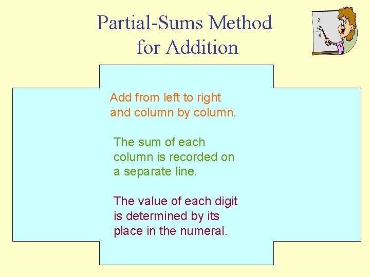 Partial-Sums Method for Addition Add from left to right and column by column. The Partial-Sums Method for Addition Add from left to right and column by column. The