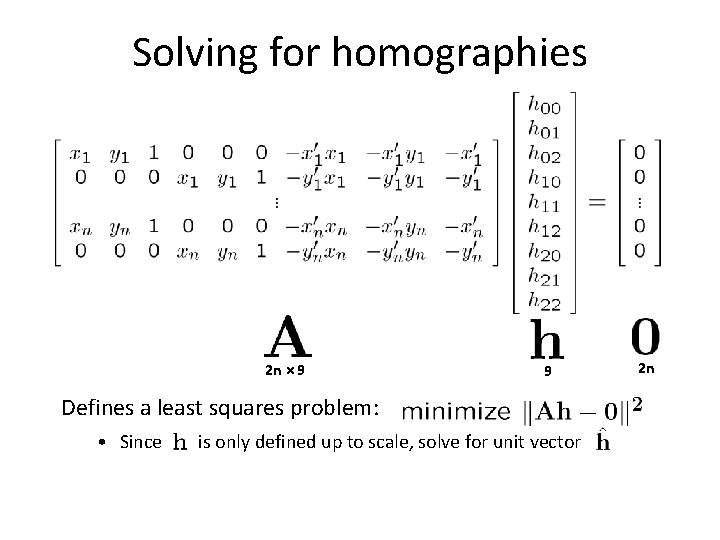 Solving for homographies 2 n × 9 9 Defines a least squares problem: •