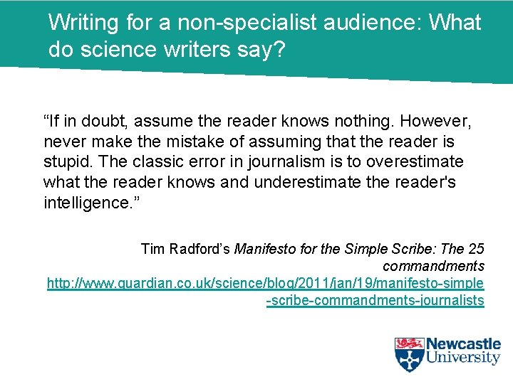 Writing for a non-specialist audience: What do science writers say? “If in doubt, assume