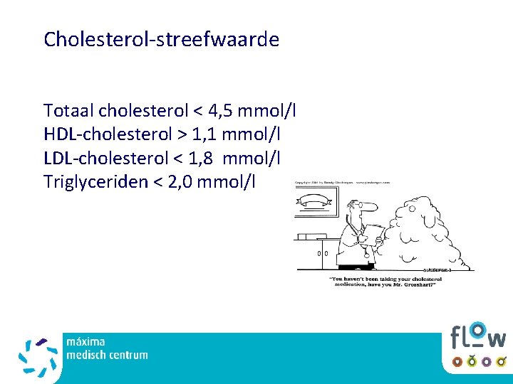 Cholesterol-streefwaarde Totaal cholesterol < 4, 5 mmol/l HDL-cholesterol > 1, 1 mmol/l LDL-cholesterol <