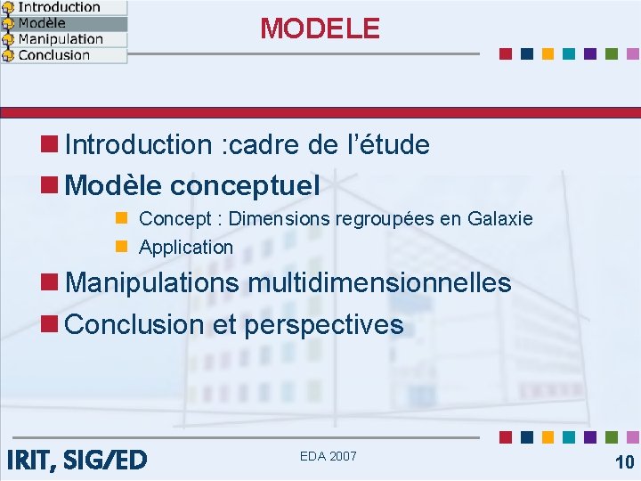 MODELE n Introduction : cadre de l’étude n Modèle conceptuel n Concept : Dimensions