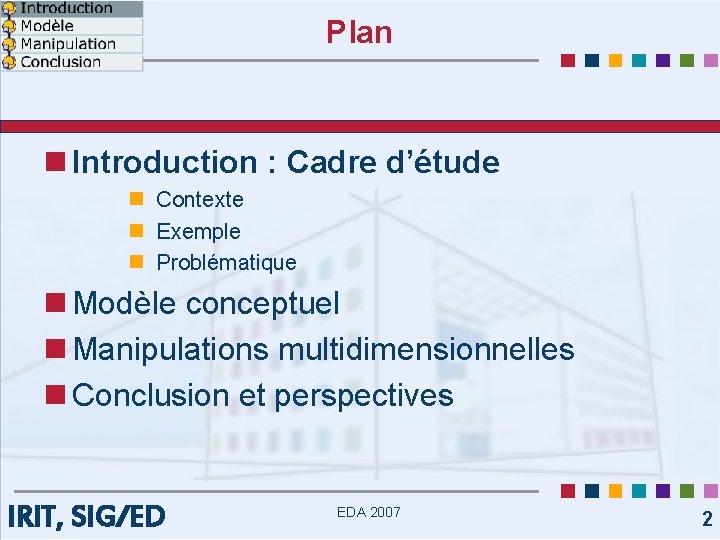 Plan n Introduction : Cadre d’étude n Contexte n Exemple n Problématique n Modèle
