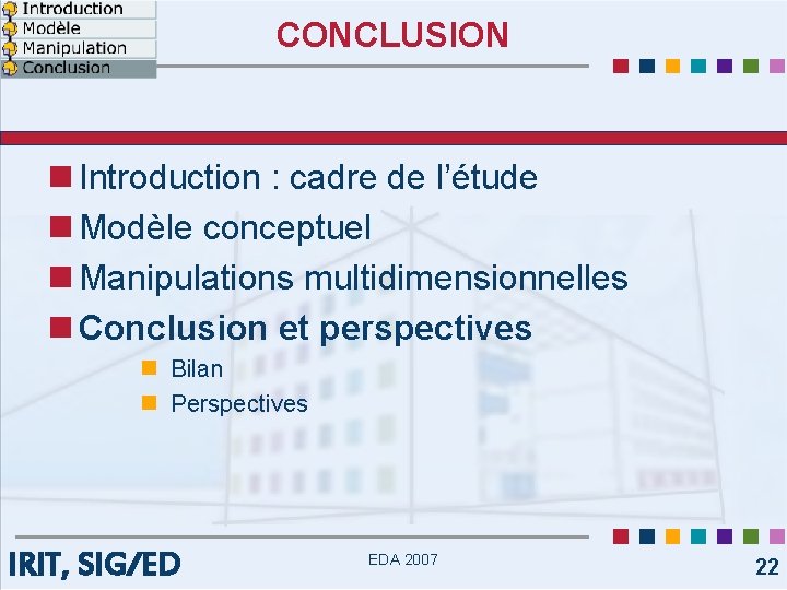 CONCLUSION n Introduction : cadre de l’étude n Modèle conceptuel n Manipulations multidimensionnelles n
