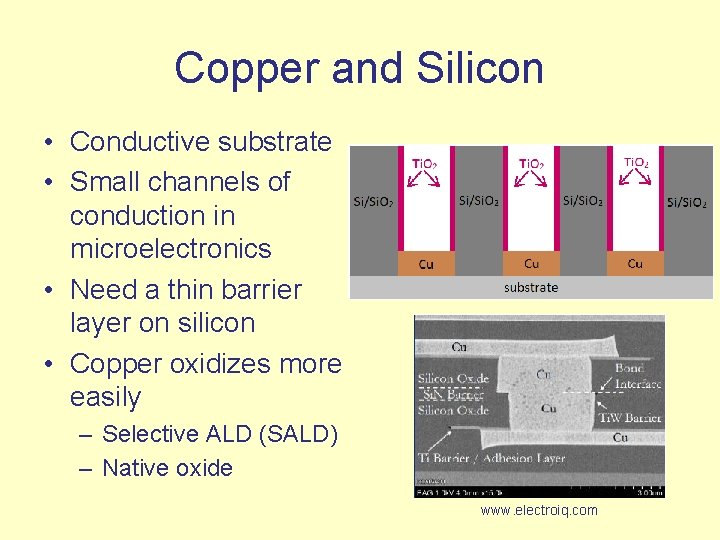 Copper and Silicon • Conductive substrate • Small channels of conduction in microelectronics •