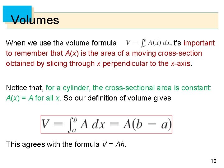 Volumes When we use the volume formula it it’s important to remember that A(x)