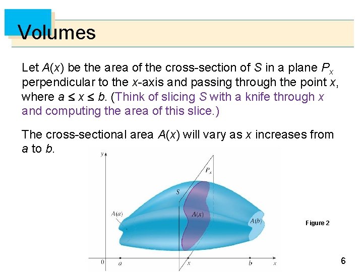 Volumes Let A(x) be the area of the cross-section of S in a plane