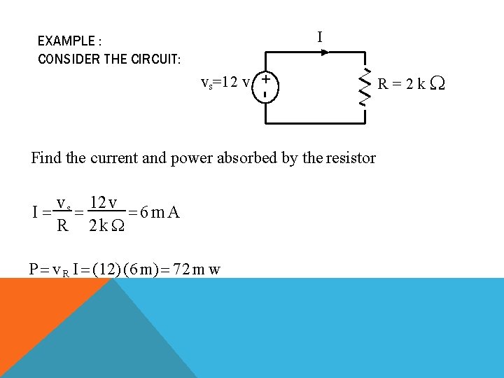 I EXAMPLE : CONSIDER THE CIRCUIT: + - vs=12 v Find the current and