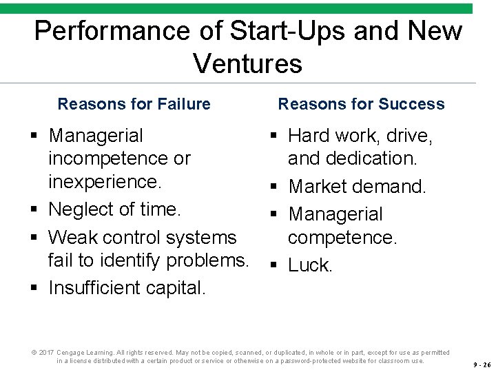 Performance of Start-Ups and New Ventures Reasons for Failure § Managerial incompetence or inexperience.