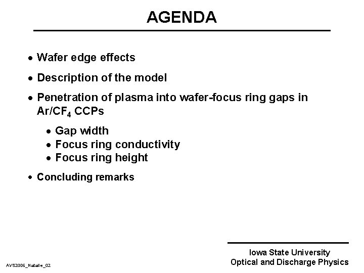 AGENDA · Wafer edge effects · Description of the model · Penetration of plasma