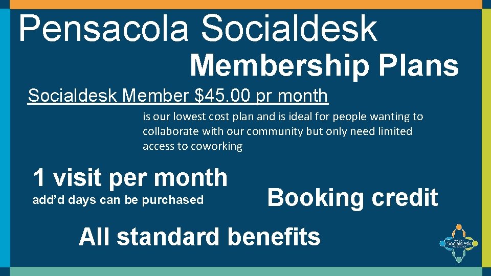 Pensacola Socialdesk Membership Plans Socialdesk Member $45. 00 pr month is our lowest cost