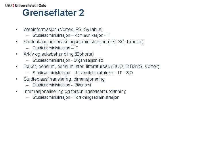 Grenseflater 2 • Webinformasjon (Vortex, FS, Syllabus) – Studieadministrasjon – Kommunikasjon - IT •