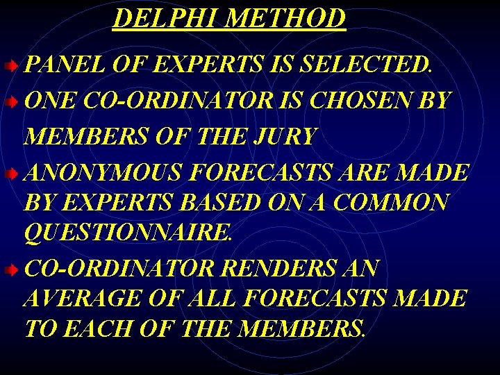 DELPHI METHOD PANEL OF EXPERTS IS SELECTED. ONE CO-ORDINATOR IS CHOSEN BY MEMBERS OF