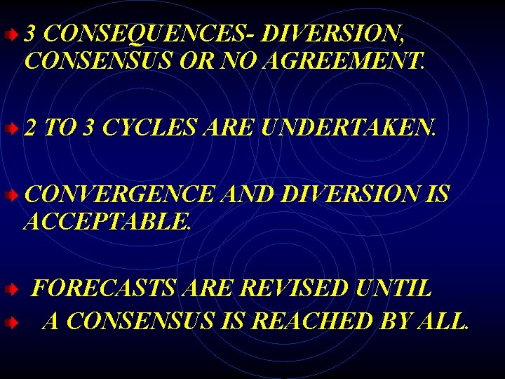 3 CONSEQUENCES- DIVERSION, CONSENSUS OR NO AGREEMENT. 2 TO 3 CYCLES ARE UNDERTAKEN. CONVERGENCE