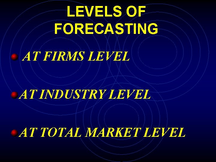 LEVELS OF FORECASTING AT FIRMS LEVEL AT INDUSTRY LEVEL AT TOTAL MARKET LEVEL 