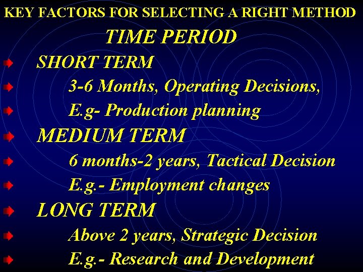 KEY FACTORS FOR SELECTING A RIGHT METHOD TIME PERIOD SHORT TERM 3 -6 Months,