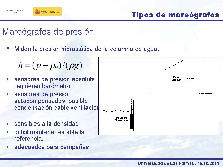 Tipos de mareógrafos Mareógrafos de presión: § Miden la presión hidrostática de la columna