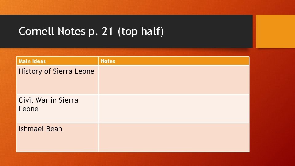 Cornell Notes p. 21 (top half) Main Ideas History of Sierra Leone Civil War