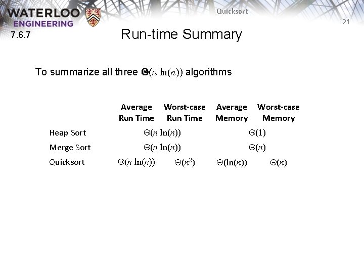 Quicksort 121 Run-time Summary 7. 6. 7 To summarize all three Q(n ln(n)) algorithms Quicksort 121 Run-time Summary 7. 6. 7 To summarize all three Q(n ln(n)) algorithms