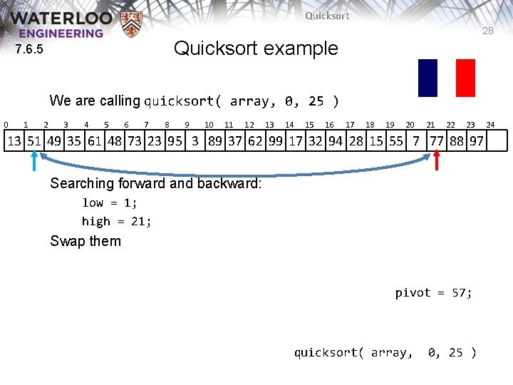 Quicksort 28 Quicksort example 7. 6. 5 We are calling quicksort( array, 0, 25 Quicksort 28 Quicksort example 7. 6. 5 We are calling quicksort( array, 0, 25