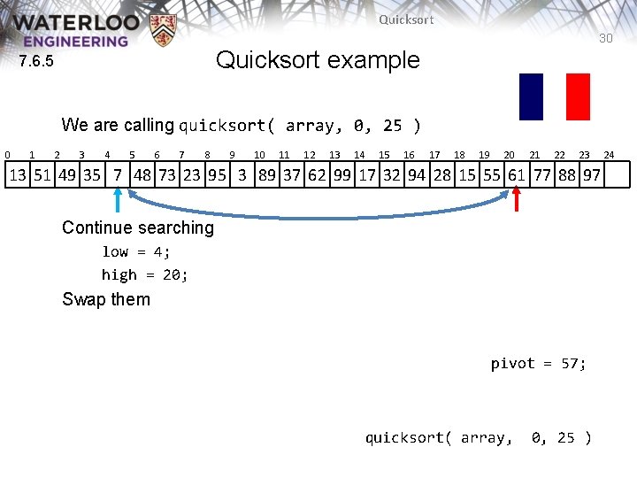 Quicksort 30 Quicksort example 7. 6. 5 We are calling quicksort( array, 0, 25 Quicksort 30 Quicksort example 7. 6. 5 We are calling quicksort( array, 0, 25
