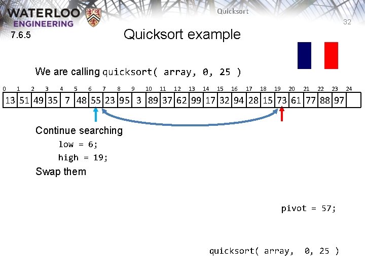 Quicksort 32 Quicksort example 7. 6. 5 We are calling quicksort( array, 0, 25 Quicksort 32 Quicksort example 7. 6. 5 We are calling quicksort( array, 0, 25