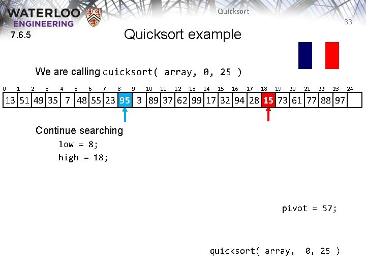 Quicksort 33 Quicksort example 7. 6. 5 We are calling quicksort( array, 0, 25 Quicksort 33 Quicksort example 7. 6. 5 We are calling quicksort( array, 0, 25
