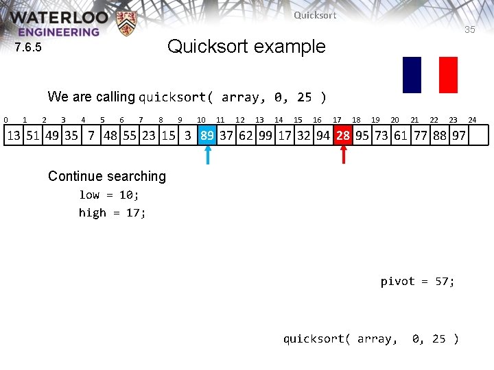 Quicksort 35 Quicksort example 7. 6. 5 We are calling quicksort( array, 0, 25 Quicksort 35 Quicksort example 7. 6. 5 We are calling quicksort( array, 0, 25