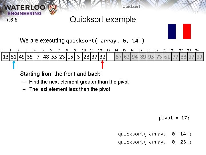 Quicksort 47 Quicksort example 7. 6. 5 We are executing quicksort( array, 0, 14 Quicksort 47 Quicksort example 7. 6. 5 We are executing quicksort( array, 0, 14