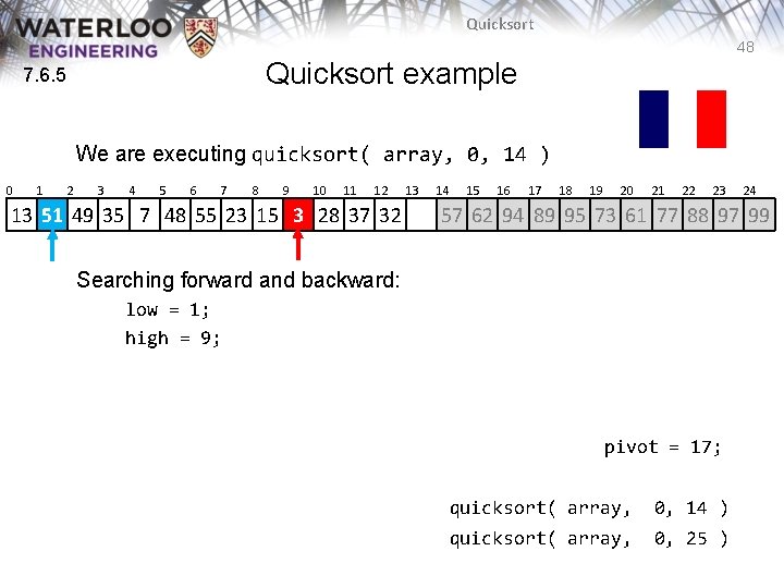 Quicksort 48 Quicksort example 7. 6. 5 We are executing quicksort( array, 0, 14 Quicksort 48 Quicksort example 7. 6. 5 We are executing quicksort( array, 0, 14