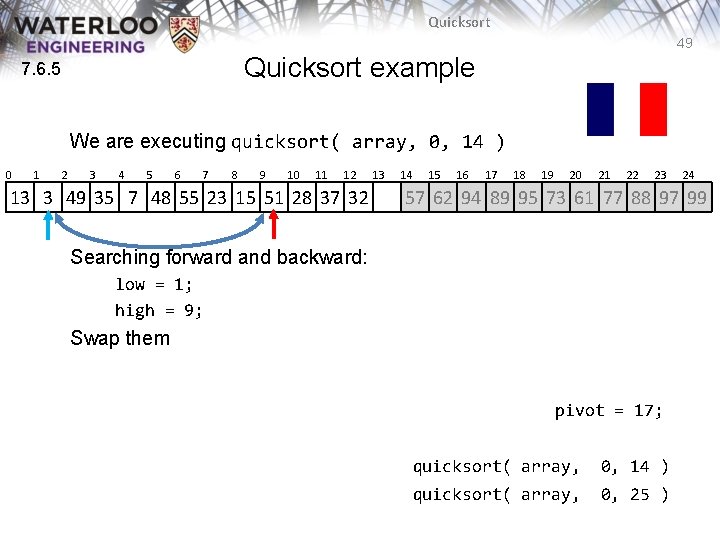 Quicksort 49 Quicksort example 7. 6. 5 We are executing quicksort( array, 0, 14 Quicksort 49 Quicksort example 7. 6. 5 We are executing quicksort( array, 0, 14